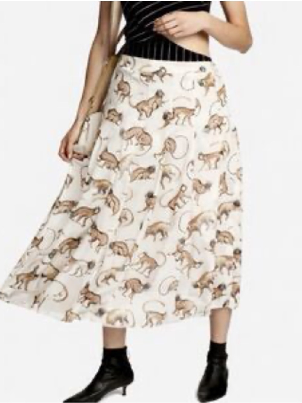H&M Pleated Midi Skirt US Size 14 Monkey Print Whimsical Fun Eclectic Effortless